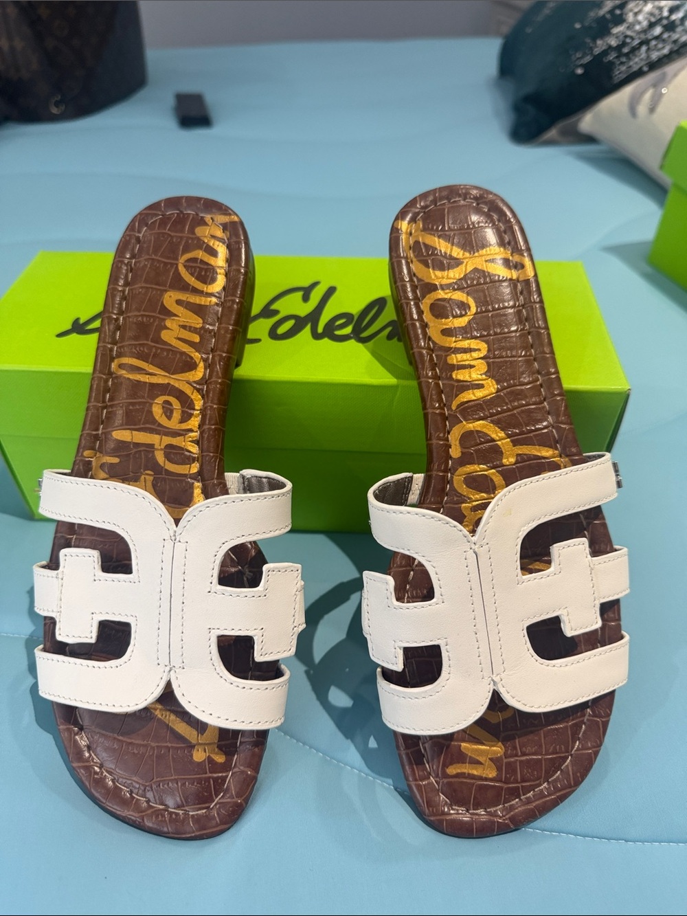Sam Edelman White Leather Cutout Slide Mules with Brown Croc-Effect Footbed
